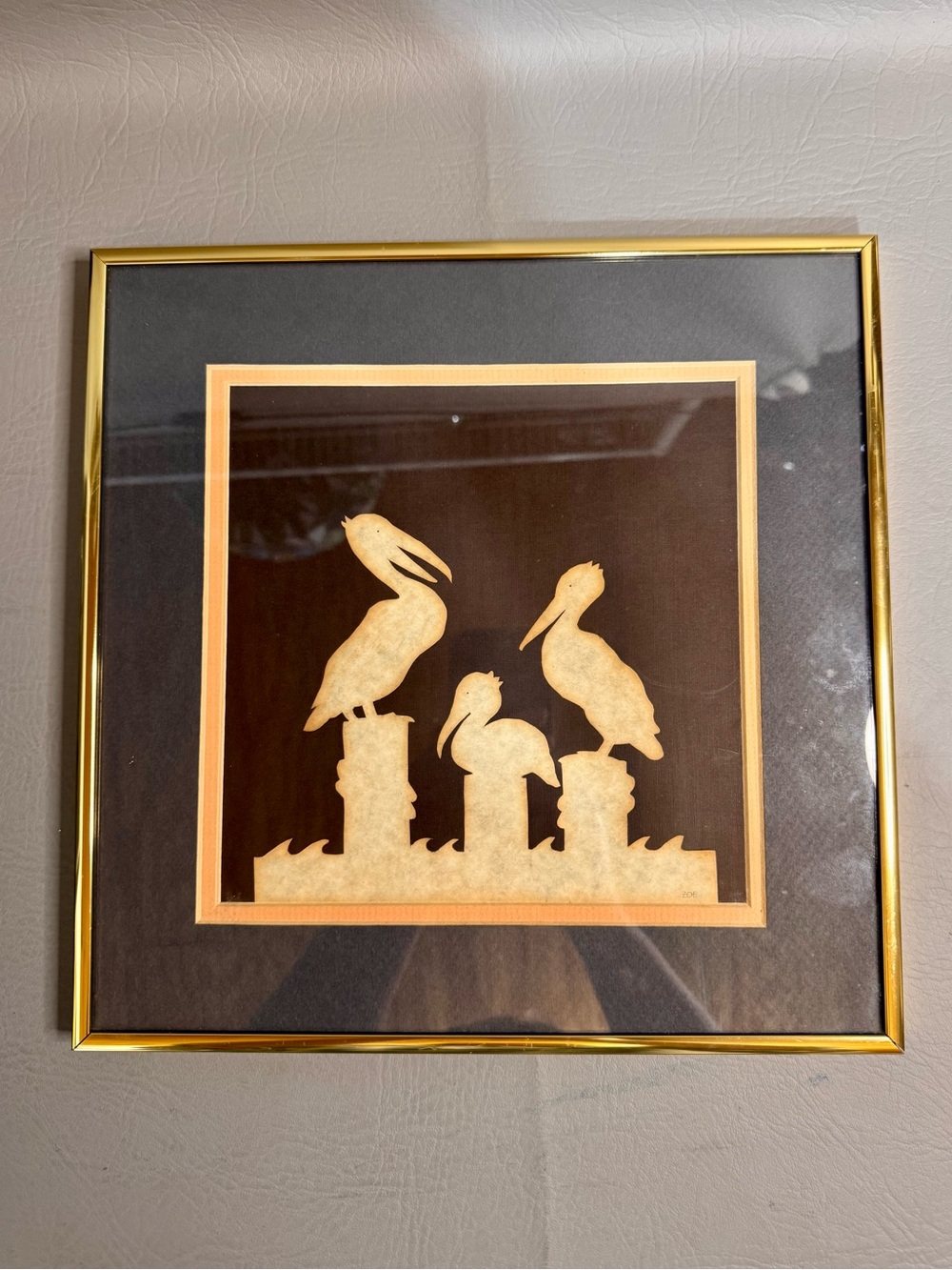 12”x12” Gold Framed Pelicans Art Navy Tan